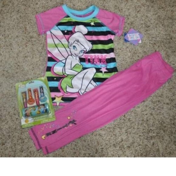 *Disney Tinkerbell Pajamas sz 4/6 Pink Short Sleeve Shirt & Pants & Lip 7 Pc Set - Picture 1 of 7